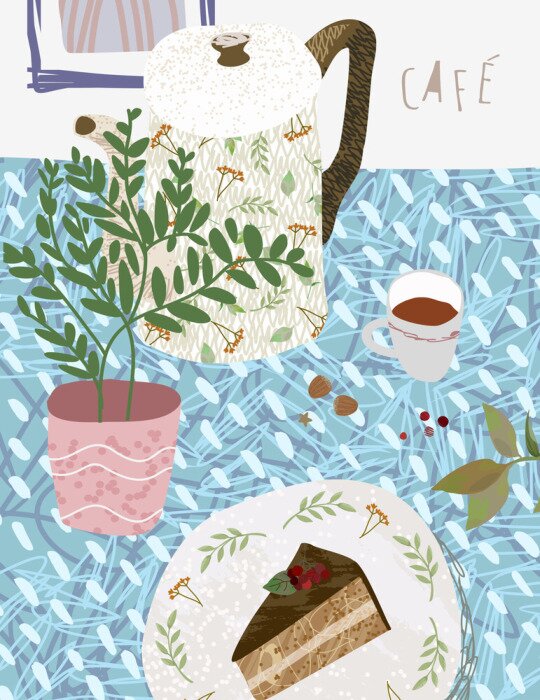 Poster Cafe. Vector cute illustration of a still life on a table in the kitchen. Top view on teapot, coffee, plant and dessert. Drawings of objects of the Scandinavian style hugg