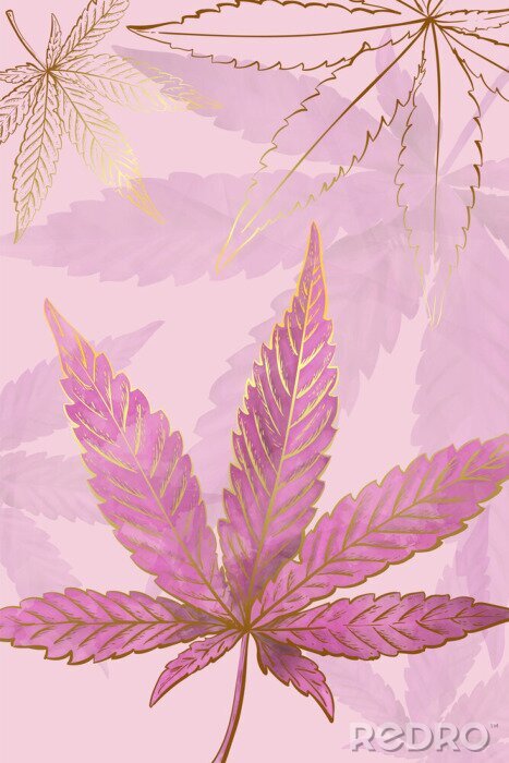 Poster Cannabisbladeren in goud en roze