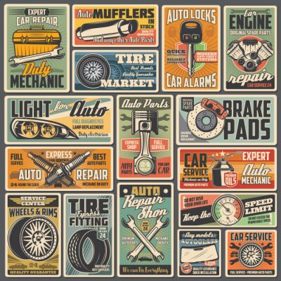 Poster Cars auto service and mechanic garage station, vector vintage retro posters. Automotive diagnostic, engine repair, tire fitting and pumping, vehicle mufflers, brake pads and spare parts shop