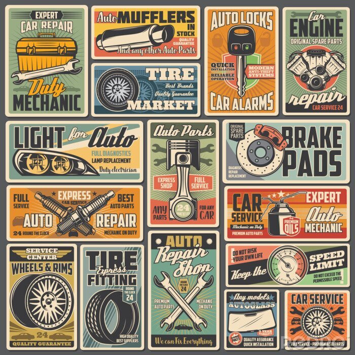 Poster Cars auto service and mechanic garage station, vector vintage retro posters. Automotive diagnostic, engine repair, tire fitting and pumping, vehicle mufflers, brake pads and spare parts shop