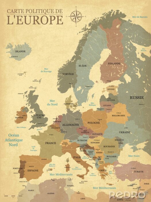 Poster Carte Europe avec capitales - Textuur vintage rétro - Textes français - Vecteur CMJN