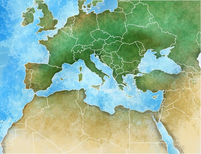 Poster Cartina disegnata a mano del Mediterraneo, Europa, Afrika e Medio Oriente