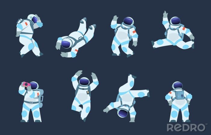 Poster Cartoon astronaut. Dancing party cosmonaut, retro disco spaceman, comic space dancer. Vector comics astronaut illustration in different poses