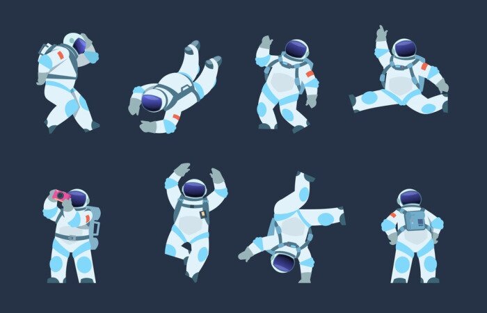 Poster Cartoon astronaut. Dancing party cosmonaut, retro disco spaceman, comic space dancer. Vector comics astronaut illustration in different poses