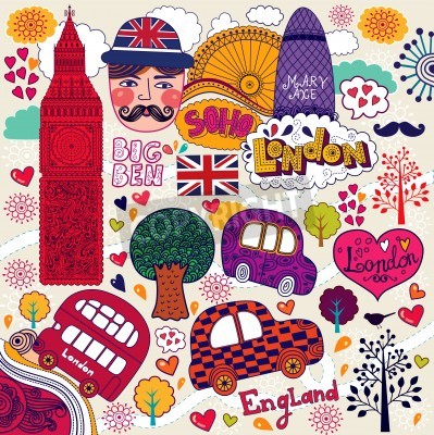 Poster Cartoon symbolen van Londen