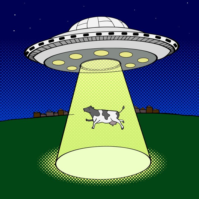 Poster Cartoonkoe ontvoerd door een UFO