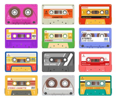 Poster Cassettes. Different color music tape retro audio cassette. Old school 90s record technology vintage media device. Vector set