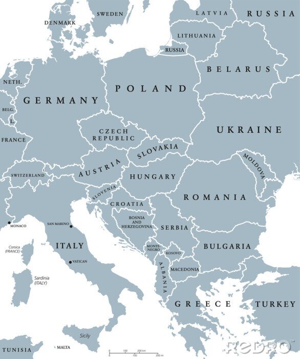 Poster Centraal-Europese landen de politieke kaart met landsgrenzen. Grijs illustratie met Engels etikettering en scaling op een witte achtergrond.
