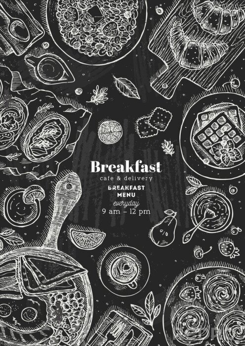 Poster Chalkboard vertical breakfast top view illustration. Various food background. Engraved style illustration. Hero image. Vector illustration