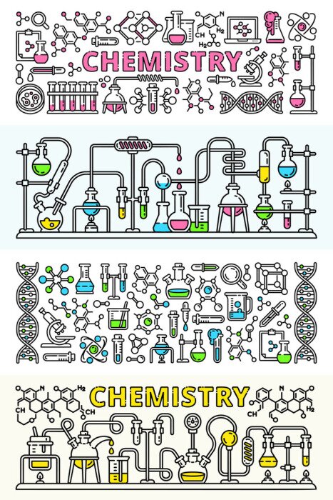 Poster Chemie lab banner set. Overzichtsreeks van de vectorbanner van het chemielaboratorium voor Webontwerp