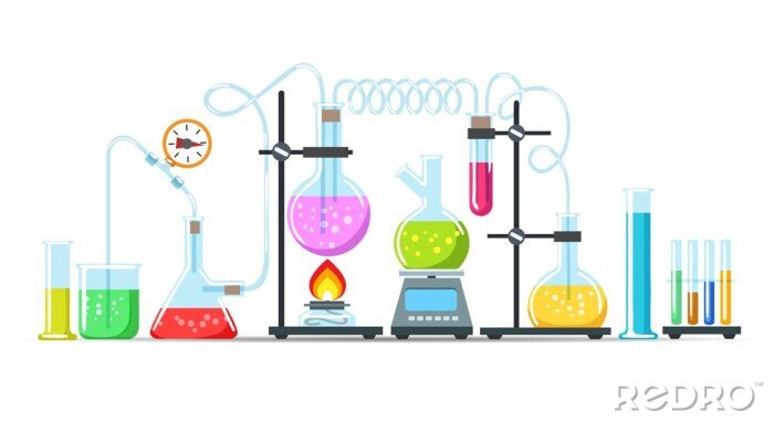 Poster Chemie laboratoriumapparatuur. Flessen, bekerglazen en instrumenten voor branderwetenschap op witte, vector chemische of biologische onderzoeksverwerking