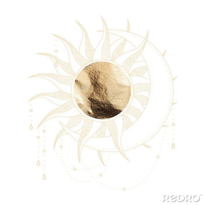 Poster chic golden luxurious retro vintage engraving style. image of the sun and moon phases. culture of accultism. Vector graphics