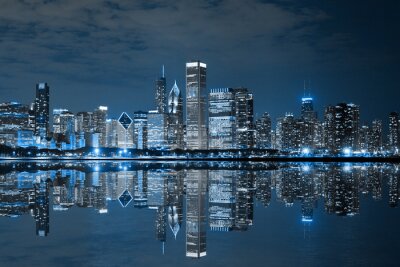 Poster Chicago en skyline met uitzicht op de stad 's nachts