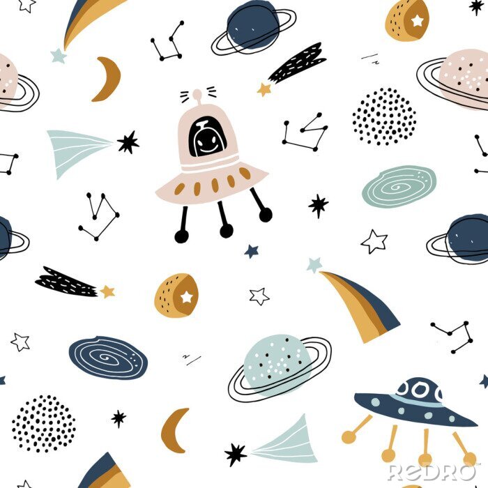 Poster Childish seamless pattern with aliens, ufo in cosmos. Trendy scandinavian vector background. Perfect for kids apparel,fabric, textile, nursery decoration,wrapping paper