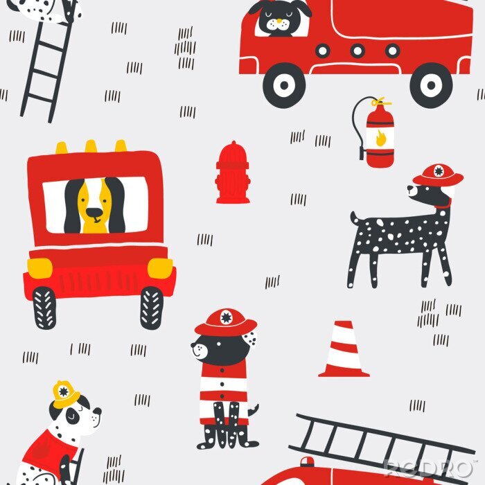 Poster Childish seamless pattern with fire dogs . Trendy scandinavian vector background. Perfect for kids apparel,fabric, textile, nursery decoration,wrapping paper