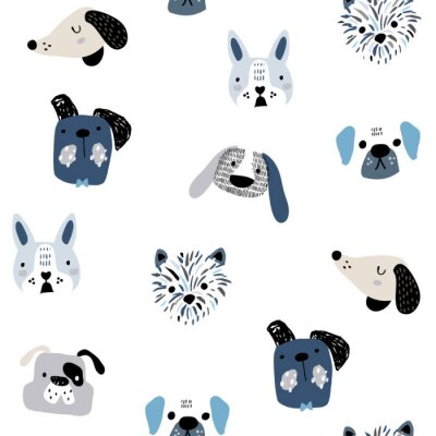 Childish seamless pattern with funny creative dog faces. Trendy scandinavian vector background. Perfect for kids apparel,fabric, textile, nursery decoration,wrapping paper
