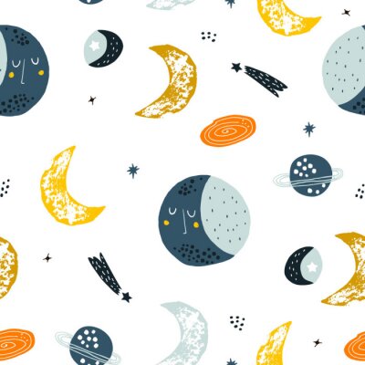 Childish seamless pattern with hand drawn space elements space, moon, star, planet, galaxy. Trendy kids vector background.