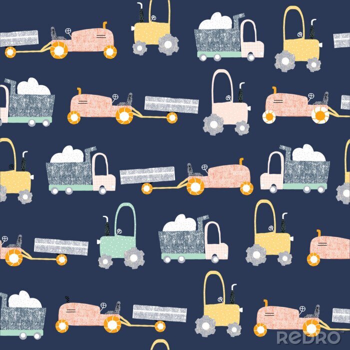 Poster Childish seamless pattern with truck and tractor. Scandinavian kids print. Vector hand drawn illustration.