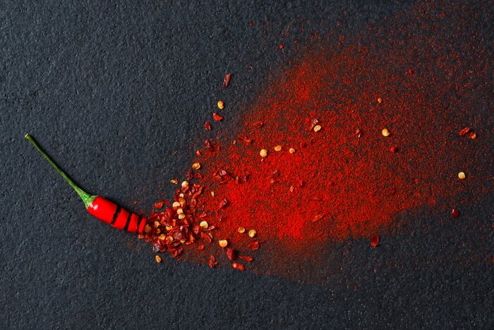 Poster Chilli, rode peper vlokken en chilipoeder