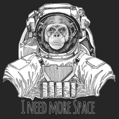 Poster Chimpanzee, portrait. Wild animal wearing space suit. Monkey face. Ape head.