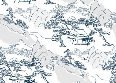 Behang chinese lanscape japanese vector pattern oriental mountais seamless