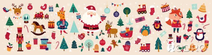 Poster Christmas decorative banner with funny Santa Claus, nutcracker, locomotive and gift boxes and many others.