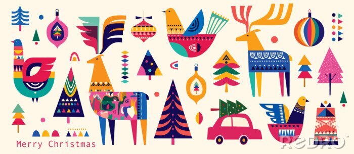 Poster Christmas pattern in Scandinavian folk style with deer, Christmas tree, bird