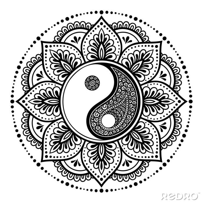 Poster Circular pattern in form of mandala for Henna, Mehndi, tattoo, decoration. Decorative ornament in ethnic oriental style with Yin-yang hand drawn symbol. Outline doodle vector illustration.