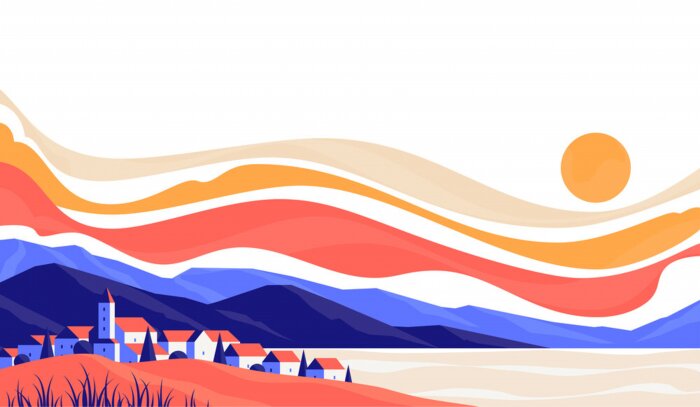 Poster City landscape of cute small buildings on background of rocky mountains at sunrise