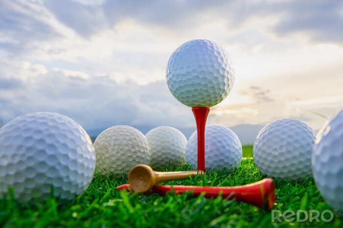 Poster close-up van de golfbal op tee haringen klaar om te spelen en op groen gras in de natuur achtergrond