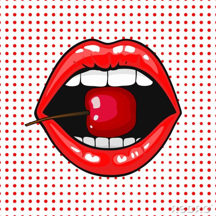 Poster Close-up van jonge mooie vrouw lippen portret bijten een kers. Open maand met witte tanden eten van een rode vrolijk. halftoonpunten achtergrond. Pop art komische stijl.