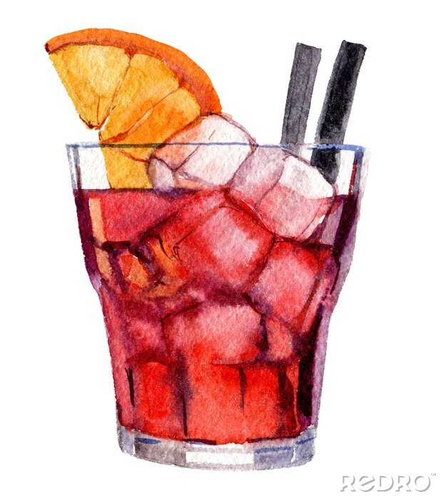 Poster Cocktail with ice and orange isolated on white background, watercolor illustration