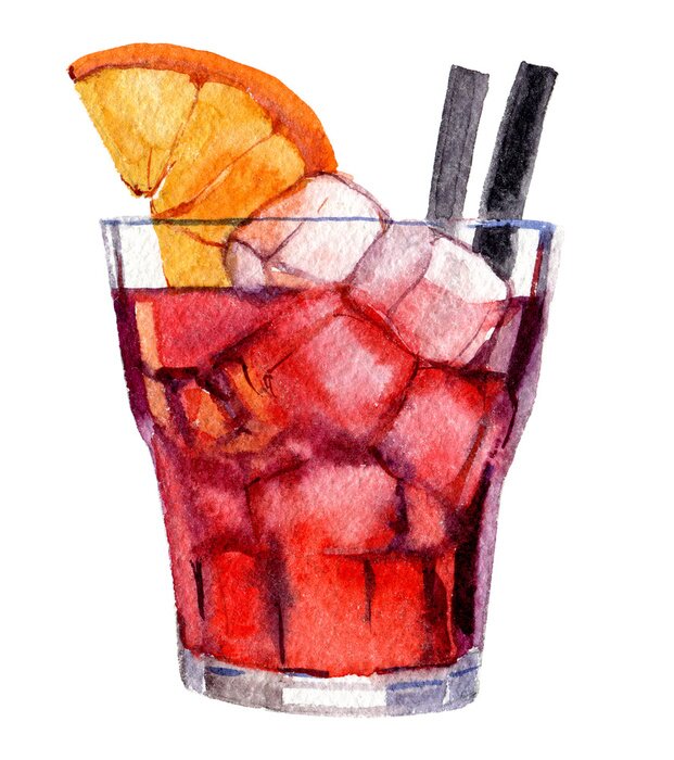 Poster Cocktail with ice and orange isolated on white background, watercolor illustration