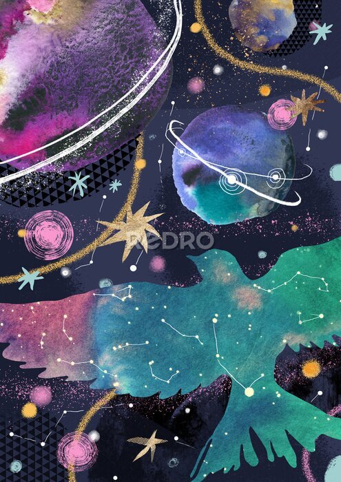 Poster Collage met een vogel en planeten