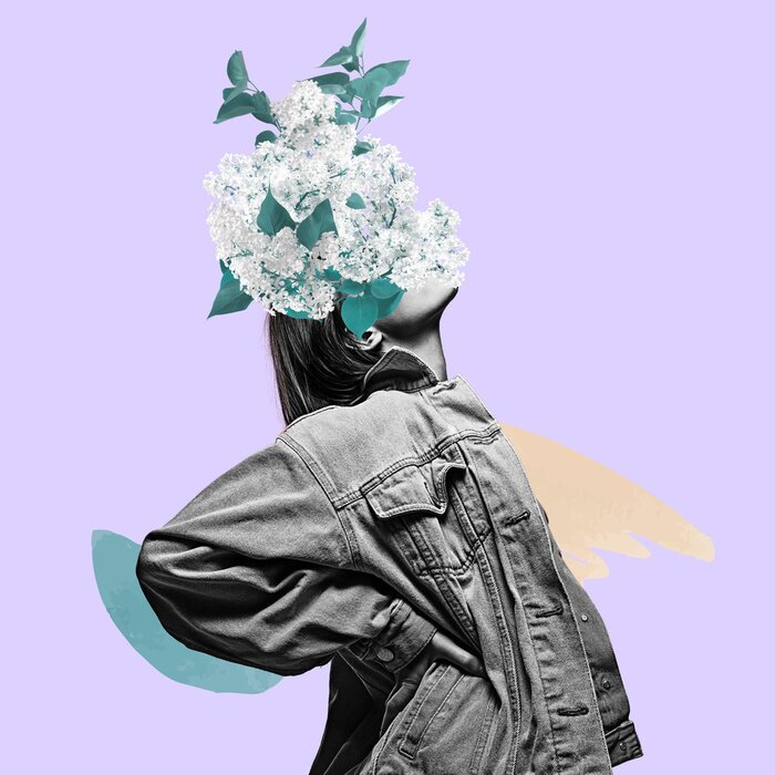 Poster Collage met vrouw en bloemen popart