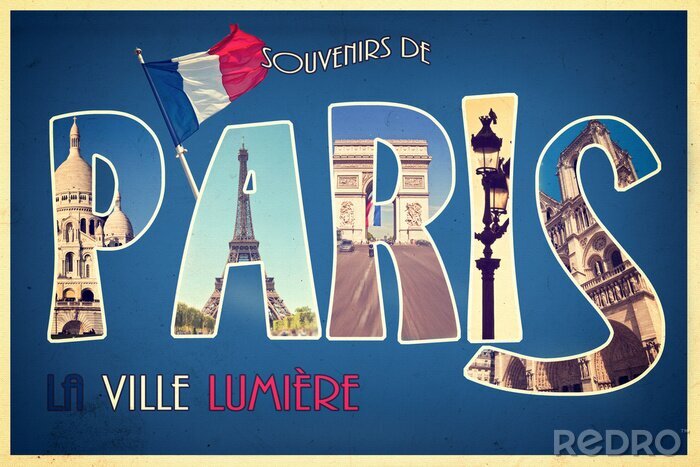 Poster Collage souvenirs de PARIS, la ville lumiere retro postcard style, vintage process