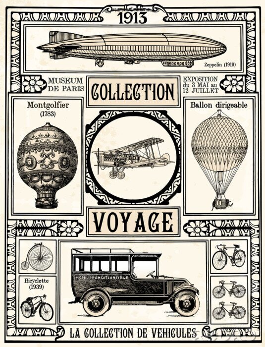 Poster Collage van illustraties van ritten in retrostijl