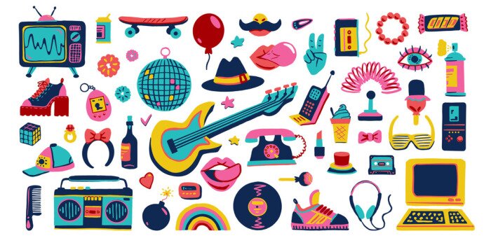 Poster Collection retro icons elements in trendy 80s-90s goods hand-drawn cartoon style. Vector colorful set doodle illustration isolated on white background