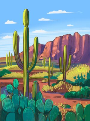 Poster Color sketch of the desert of America with cacti. Arizona desert. Prairie landscape. Hand drawn illustration