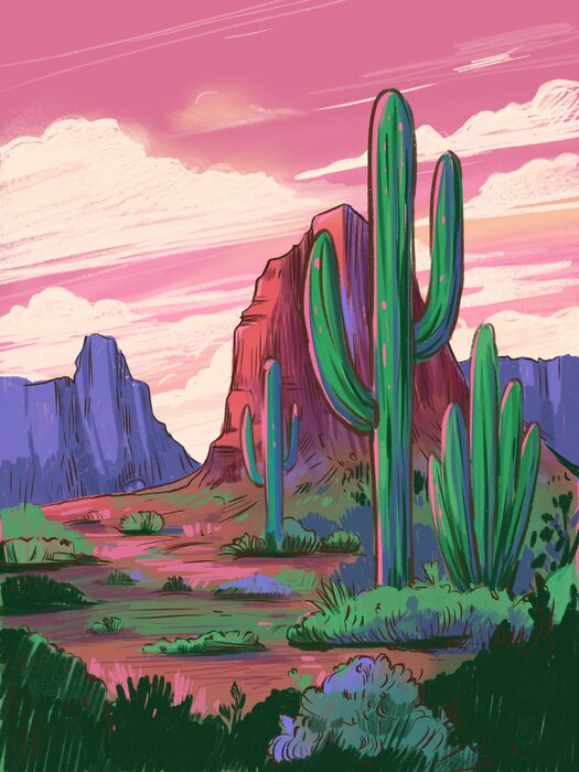 Poster Color sketch of the desert of America with cacti. Arizona desert. Prairie landscape. Hand drawn illustration