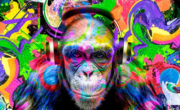 Poster Colorful artistic monkey in eyeglasses with colorful paint splatters on white background