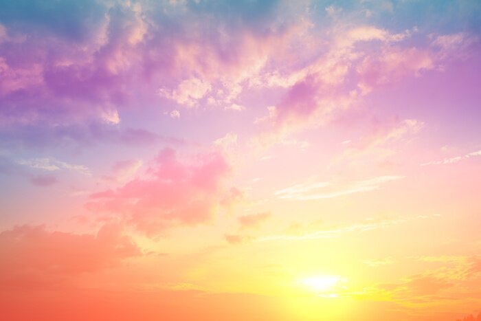 Poster Colorful cloudy sky at sunset. Gradient color. Sky texture, abstract nature background