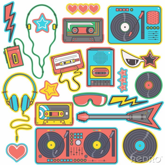 Poster Colorful collection of eighties pop music style stickers, isolated vector designs on white background