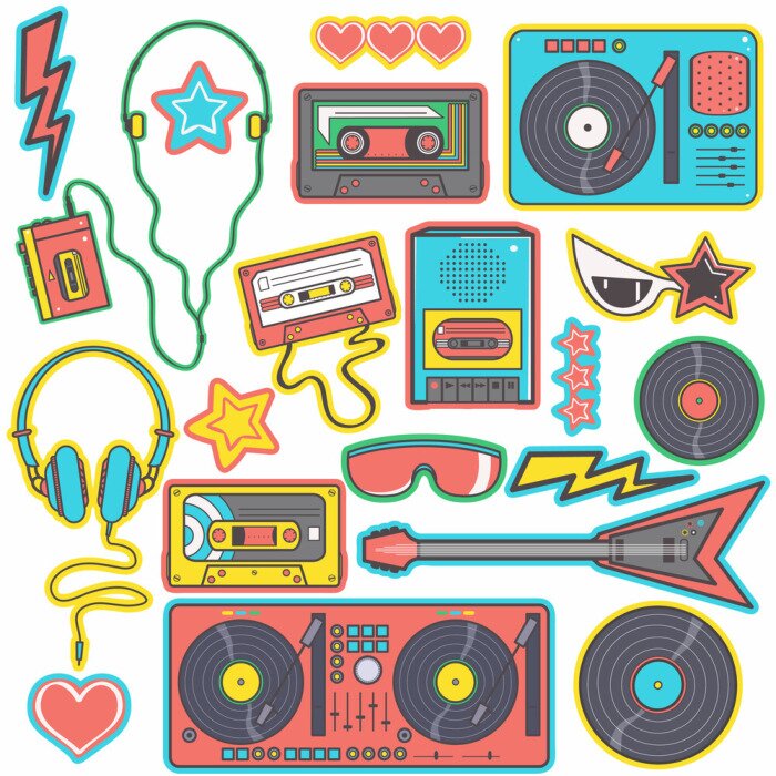 Poster Colorful collection of eighties pop music style stickers, isolated vector designs on white background