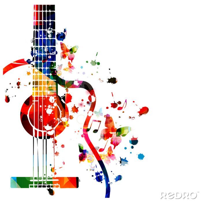 Poster Colorful guitar with music notes isolated vector illustration design. Music background. Music instrument poster with music notes, festival poster, live concert events, party flyer