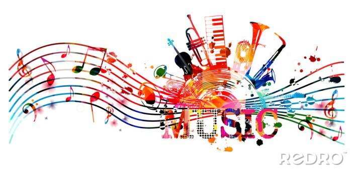Poster Colorful music promotional poster with music instruments and notes isolated vector illustration. Artistic abstract background for live concert events, music show and festival, party flyer design