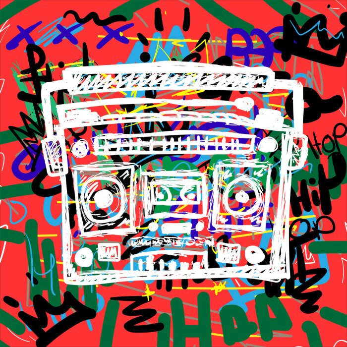 Poster Colorful poster with sketch of cassette recorder on background with text Hip Hop, crowns and abstract elements. Drawn by hand. Vector illustration.