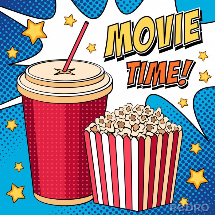 Poster Comic illustratie met popcorn doos en cola in pop art stijl