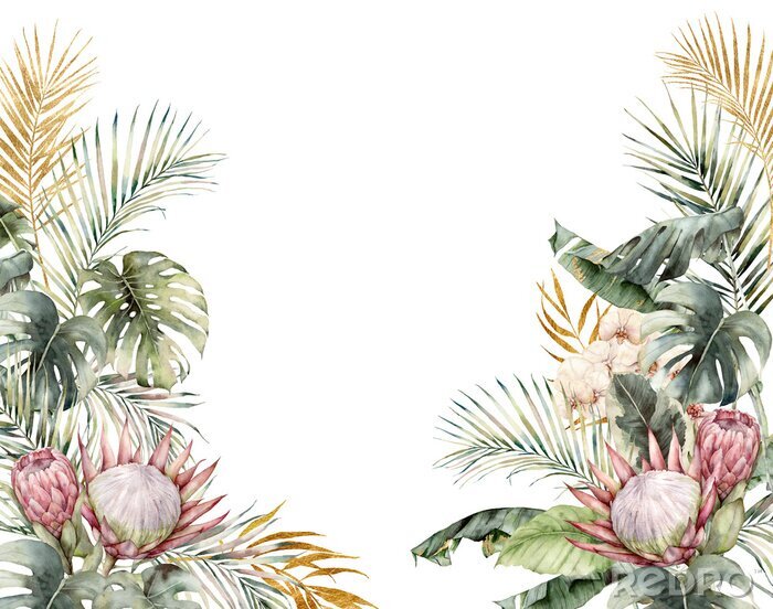 Poster Compositie van palmbladeren en bloemen