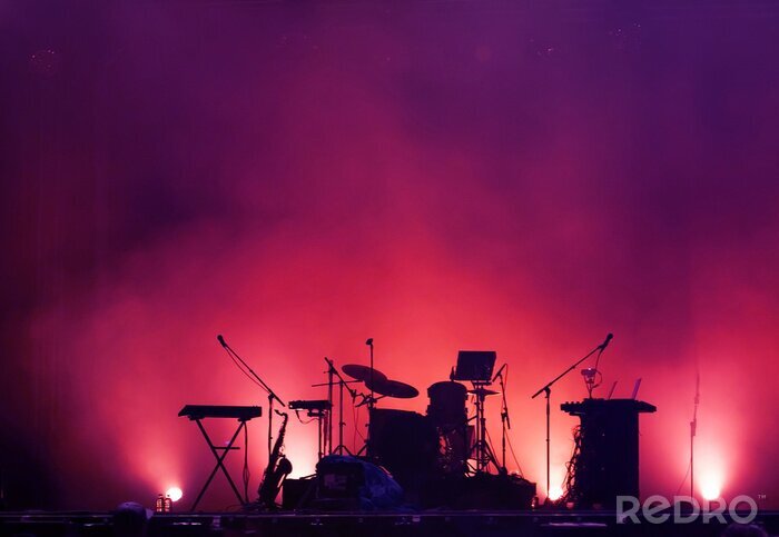Poster concert stage on rock festival, music instruments silhouettes, colorful background with copy space